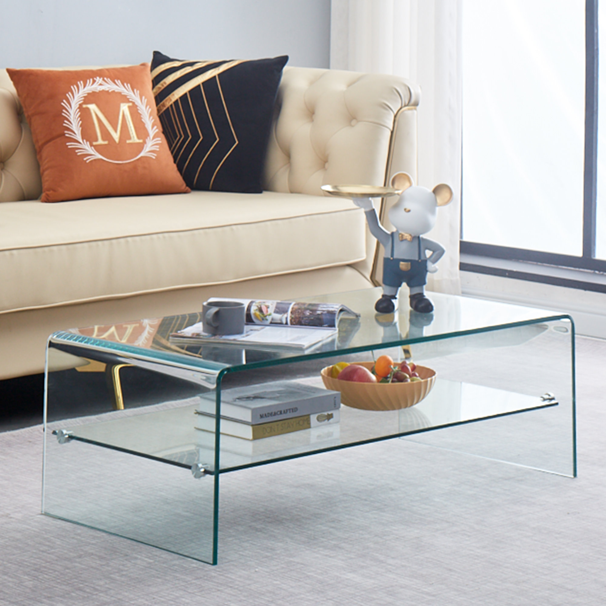 Wrought Studio Table basse en verre trempé transparent avec rangement