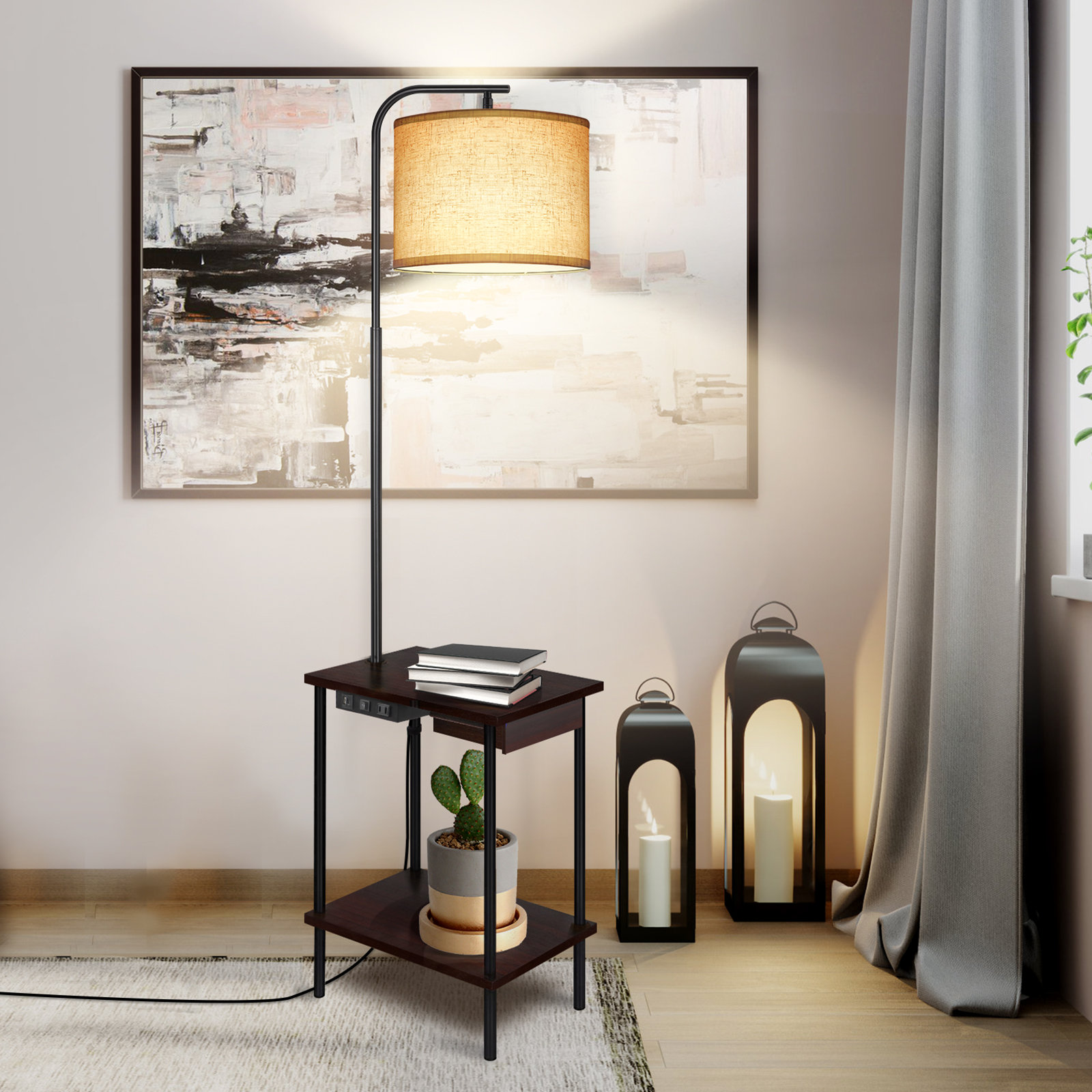 Ebern Designs Zulfa Tray Table Floor Lamp With Usb And Outlet