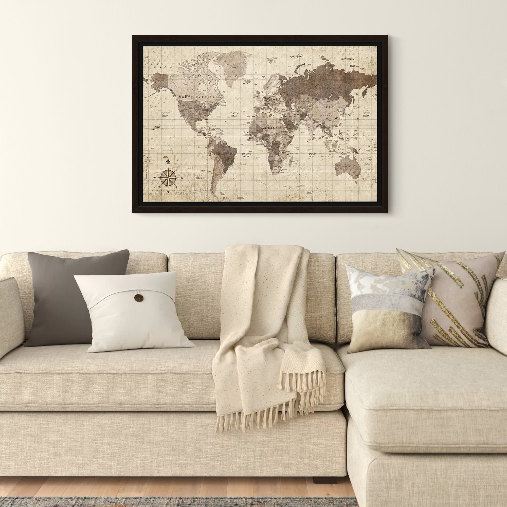 Three Posts Distressed World Map Graphic Art Print On Canvas