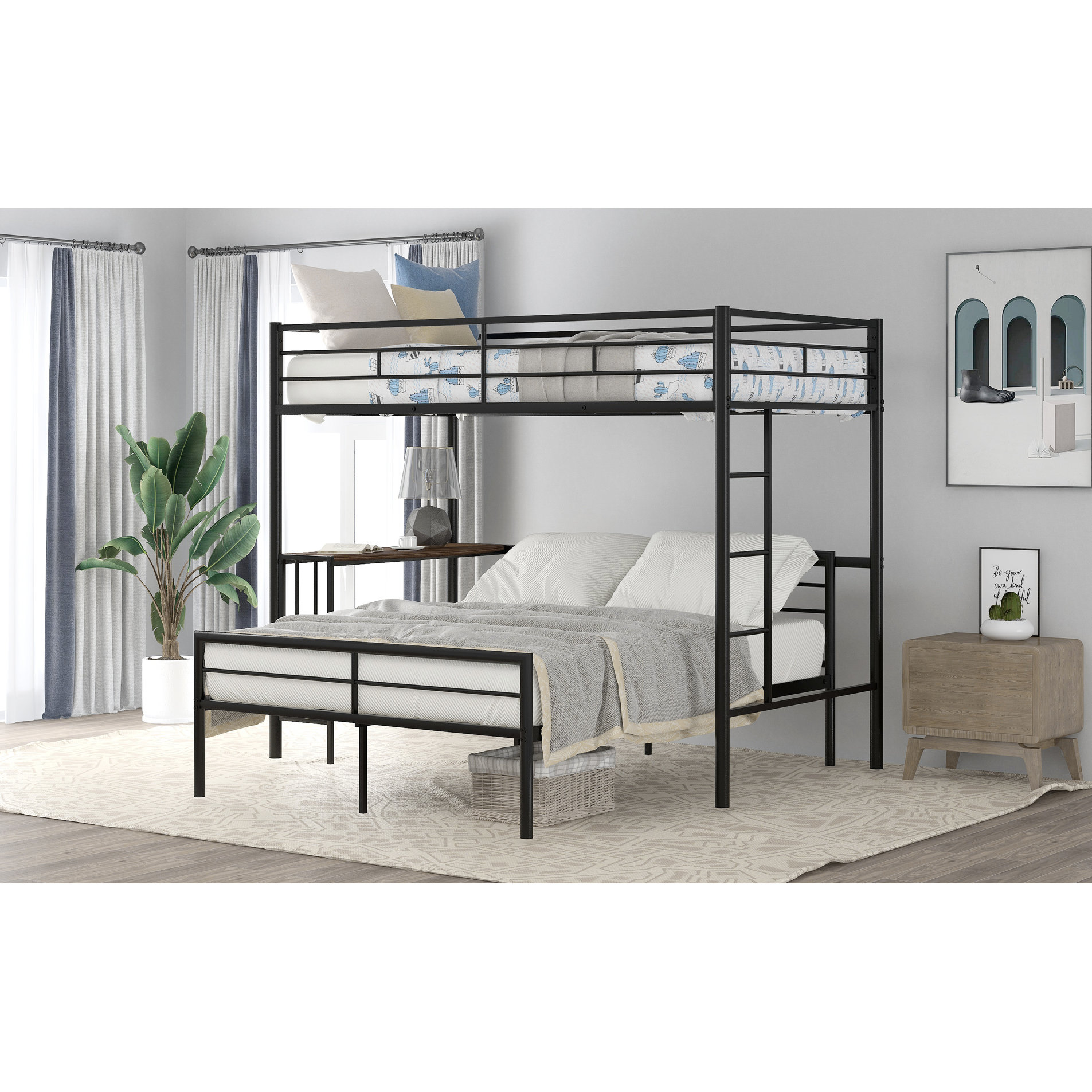 Ivy Bronx Twin Over Full Bunk Bed With Desk And , Metallic Black For ...