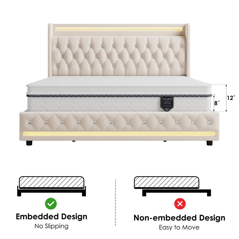 Glastonbury Upholstered Wingback Bed, 4 Drawers Storage Bed with LED Light