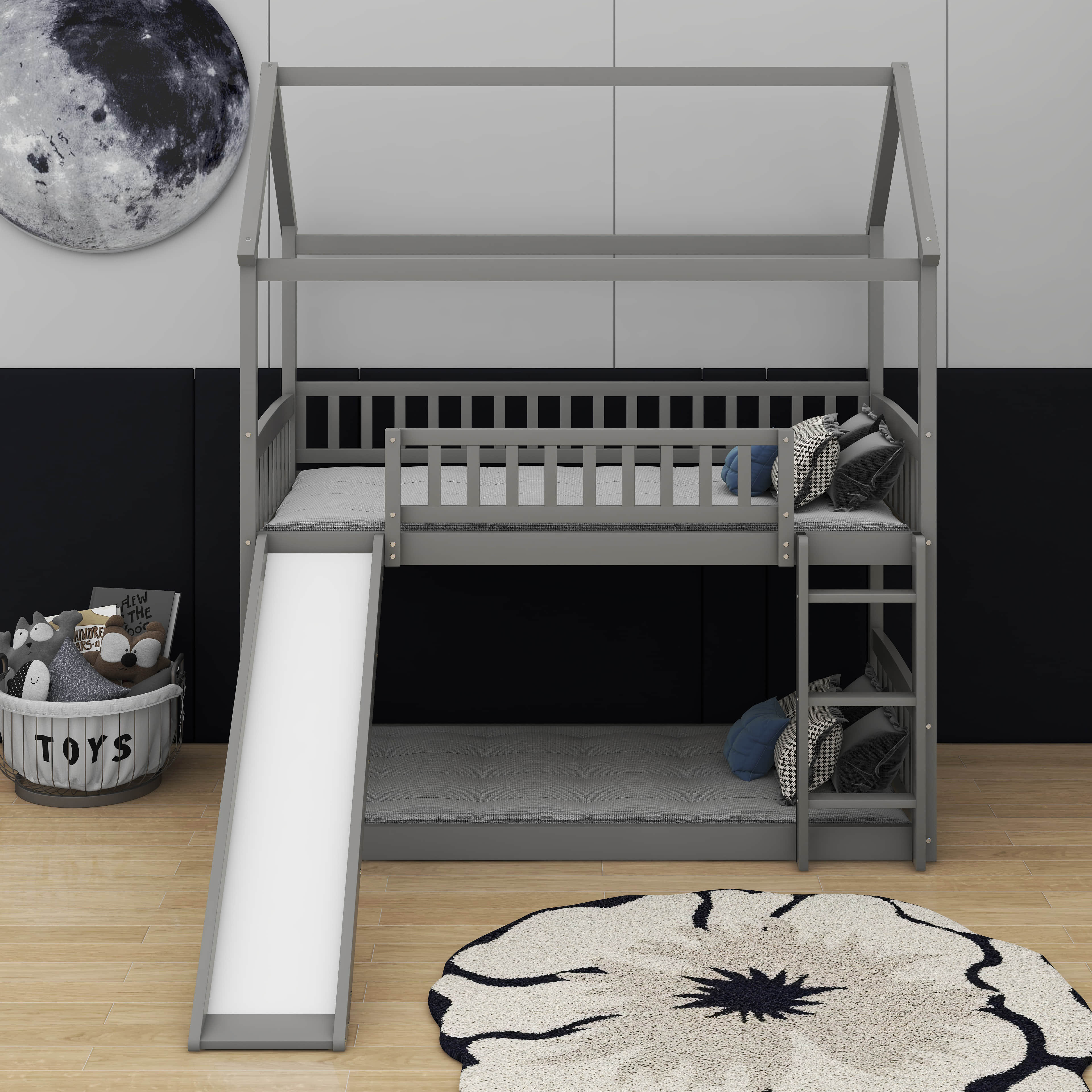 Latitude Run® Twin Over Twin Bunk Bed With Slide, House Bed With Slide ...