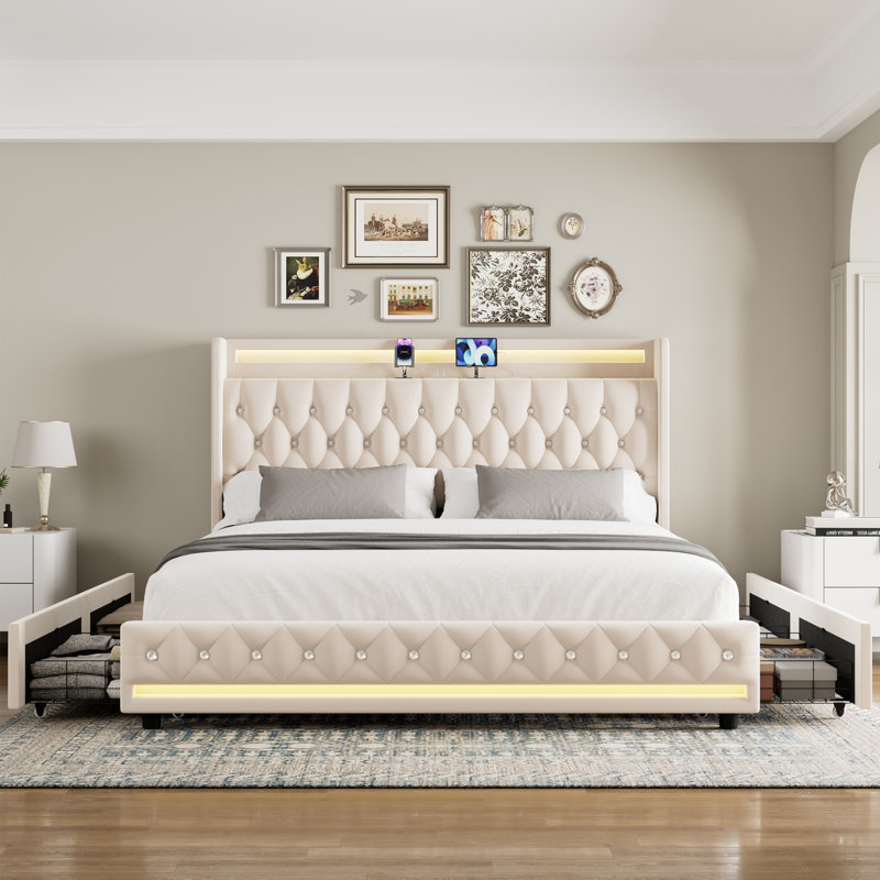Glastonbury Upholstered Wingback Bed, 4 Drawers Storage Bed with LED Light