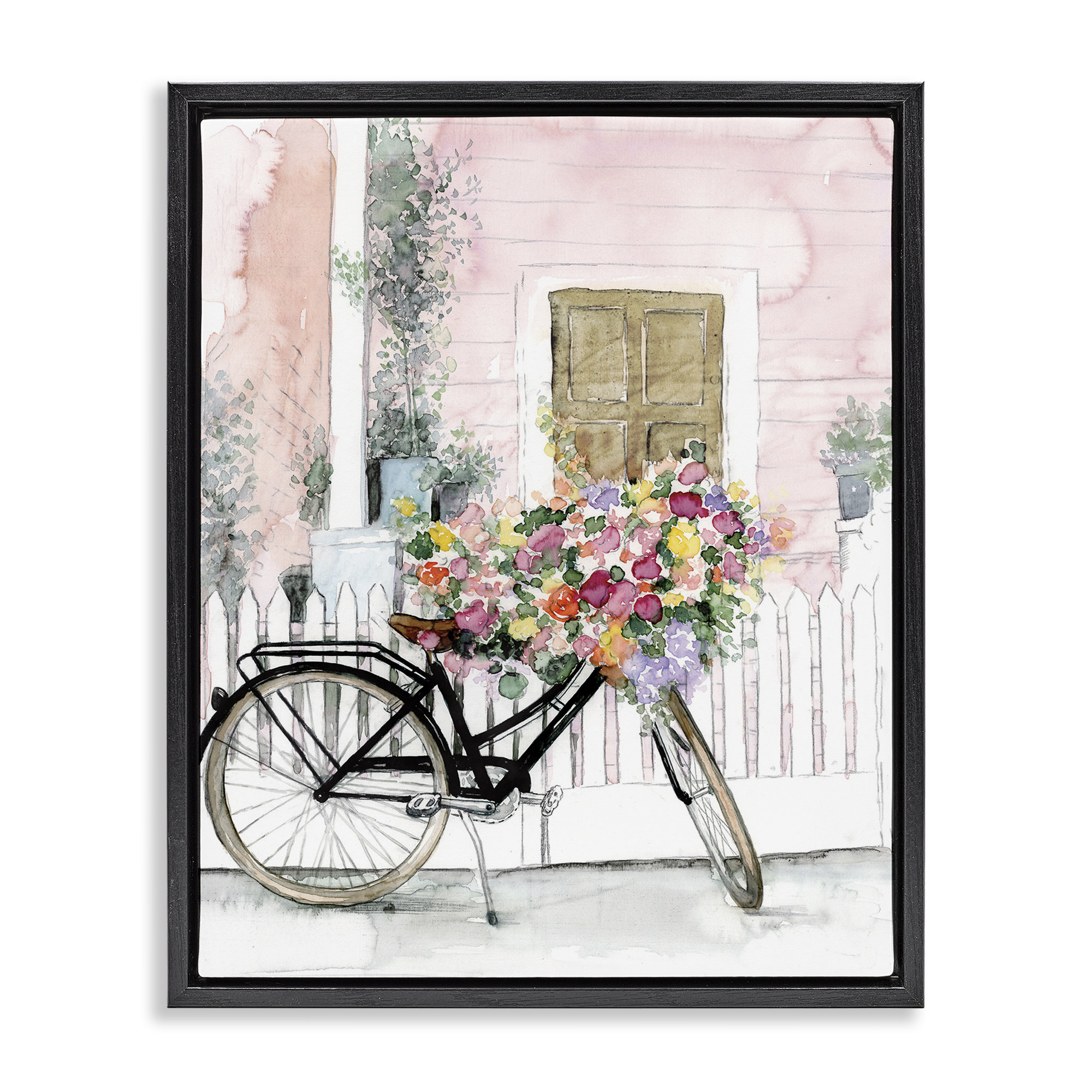 Lark Manor Watercolor Bicycle Bouquet Brown Framed Floater Canvas Wall ...