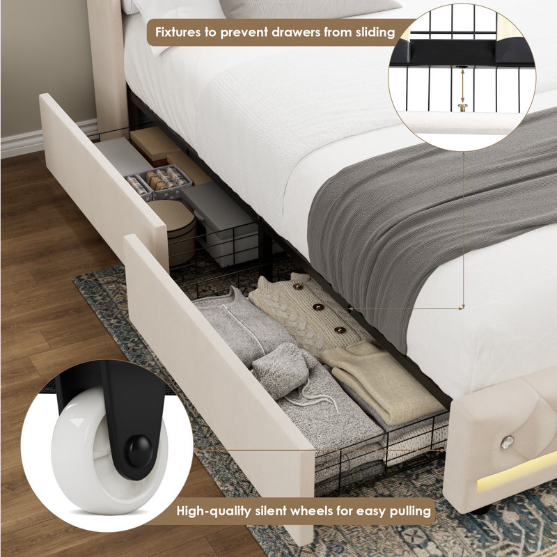 Glastonbury Upholstered Wingback Bed, 4 Drawers Storage Bed with LED Light