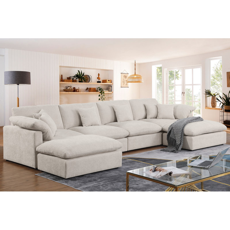 155.7" U Shape Sectional Sofa Cloud Couch With Removable Ottomans, Beige Chenille