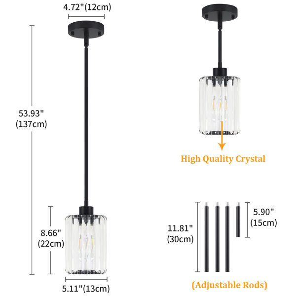 Mercer41 Luminaire suspendu moderne en cristal à 1 lumière avec hauteur ...