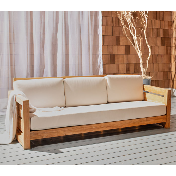 Natural Teak Wood Outdoor 3-Seat Sofa with Cream Cushions