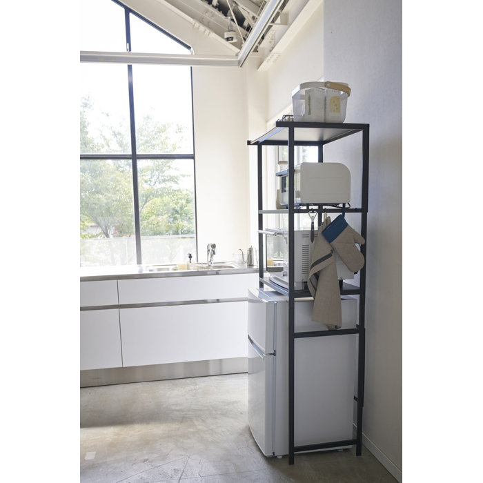 Sleek Black Steel and Ash Wood Kitchen Appliance Tower Rack