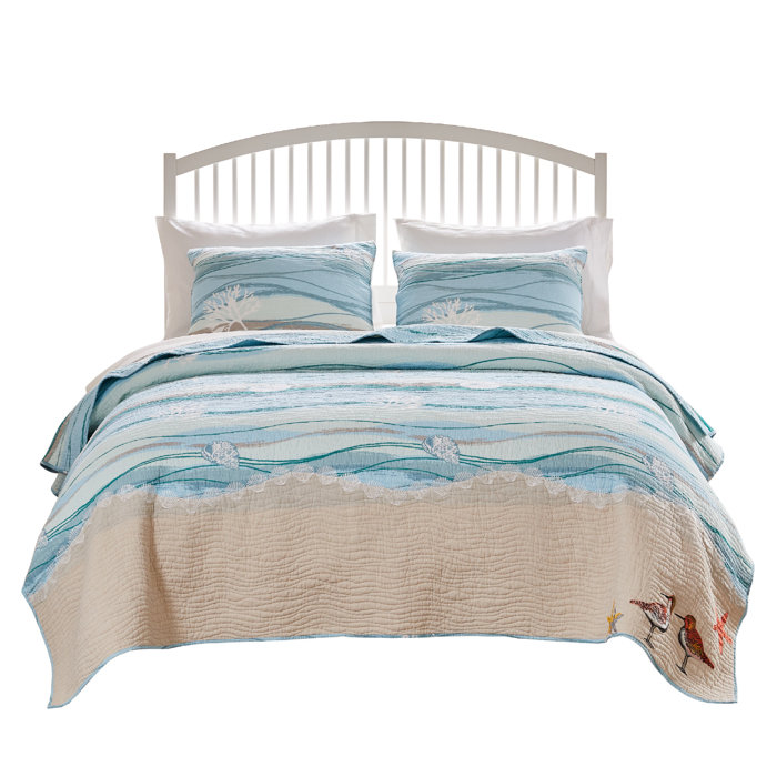 Coastal King-Sized Reversible Cotton Quilt Set in Ocean Blues