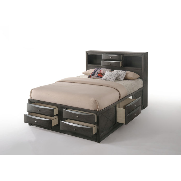 Transitional Gray Oak Queen Bed with Bookcase and Storage Drawers