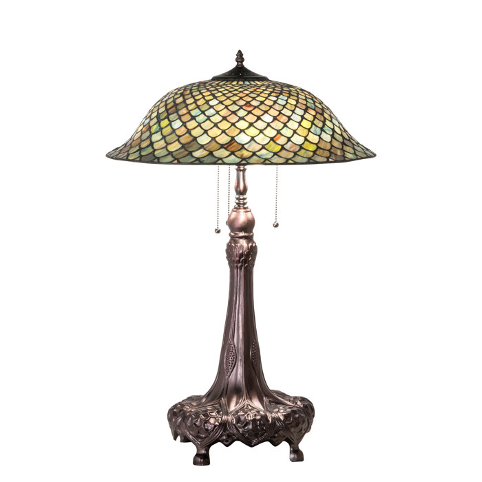 Meyda Tiffany-Inspired 3-Light Mahogany Bronze Table Lamp with Green Stained Glass