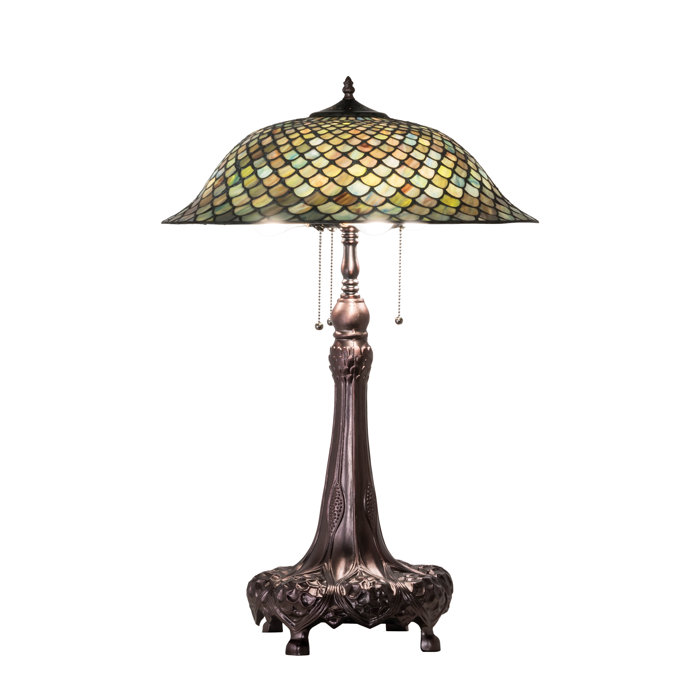 Meyda Tiffany-Inspired 3-Light Mahogany Bronze Table Lamp with Green Stained Glass