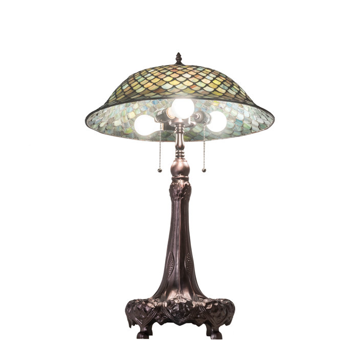 Meyda Tiffany-Inspired 3-Light Mahogany Bronze Table Lamp with Green Stained Glass
