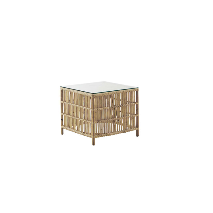 Natural Rattan Cube Side Table with Clear Glass Top
