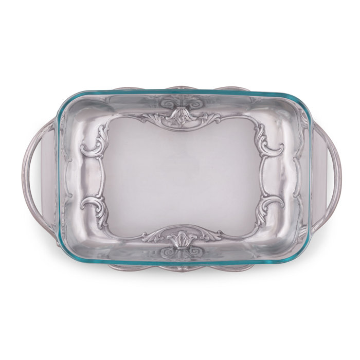 Arthur Court 17" Silver Aluminum Pyrex Holder with Fleur-De-Lis Design