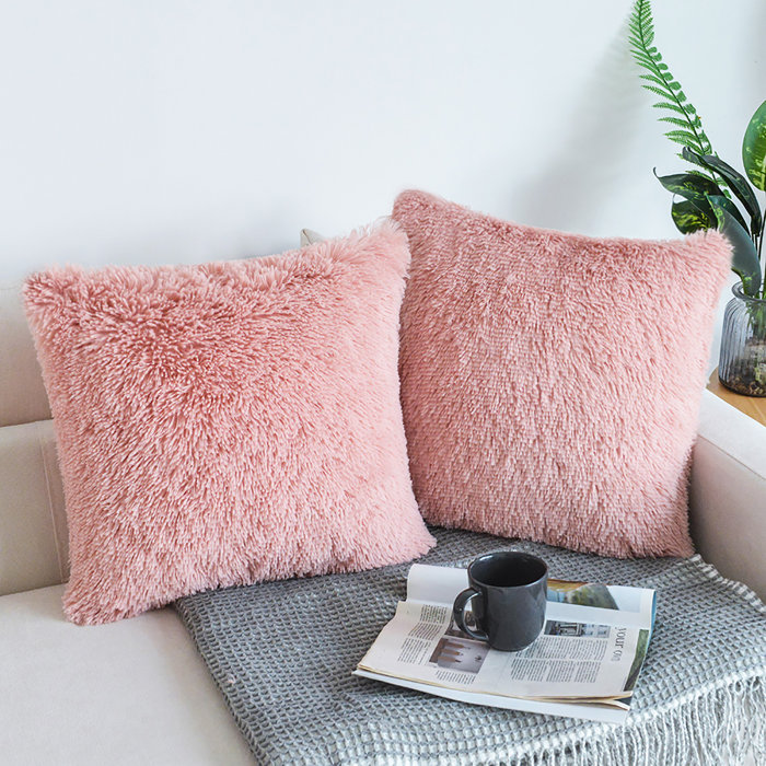 Pink Faux Fur Euro Pillowcases with Tassels, 18" x 18", Set of 2