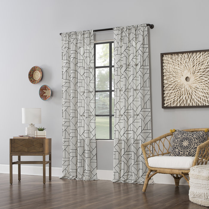 Black and Linen Geometric Embroidered Semi-Sheer Curtain Panel