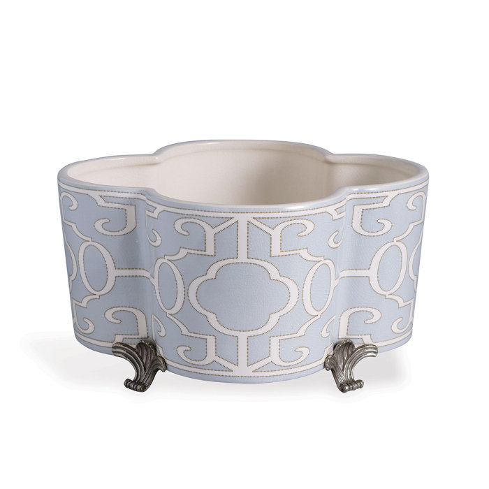 Quatrefoil Blue and Cream Porcelain Planter with Brass Feet