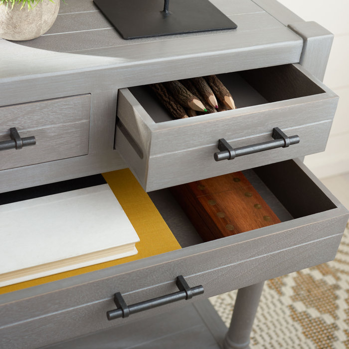 Gray Pine and Steel Console Table with Storage