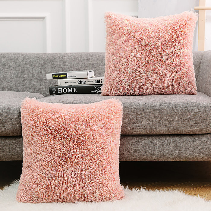 Pink Faux Fur Euro Pillowcases with Tassels, 18" x 18", Set of 2