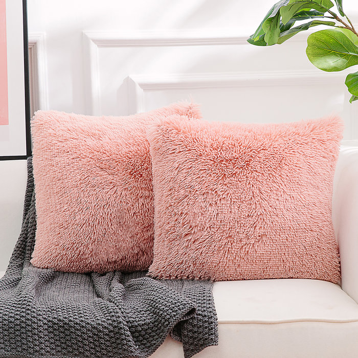Pink Faux Fur Euro Pillowcases with Tassels, 18" x 18", Set of 2
