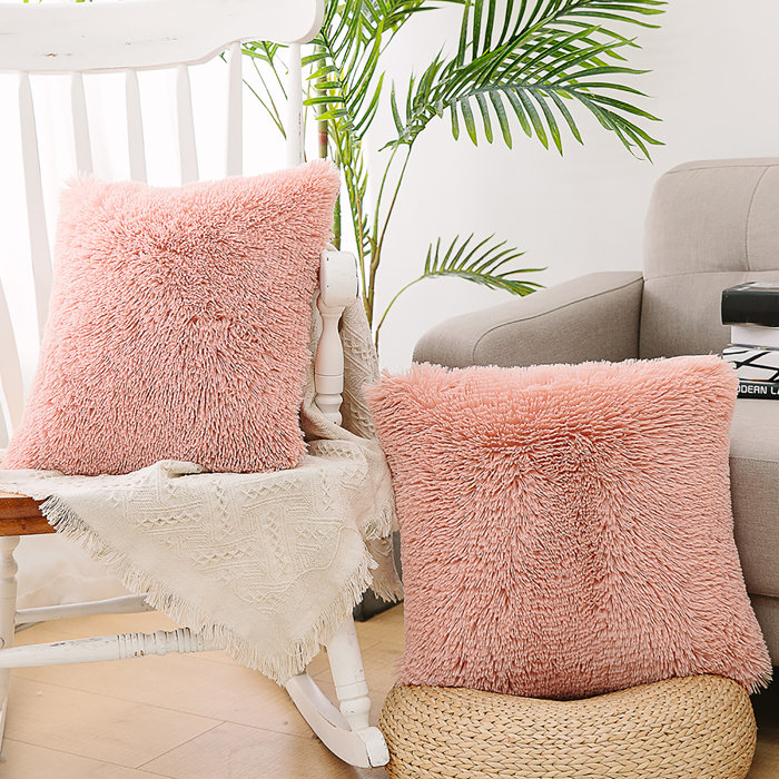 Pink Faux Fur Euro Pillowcases with Tassels, 18" x 18", Set of 2