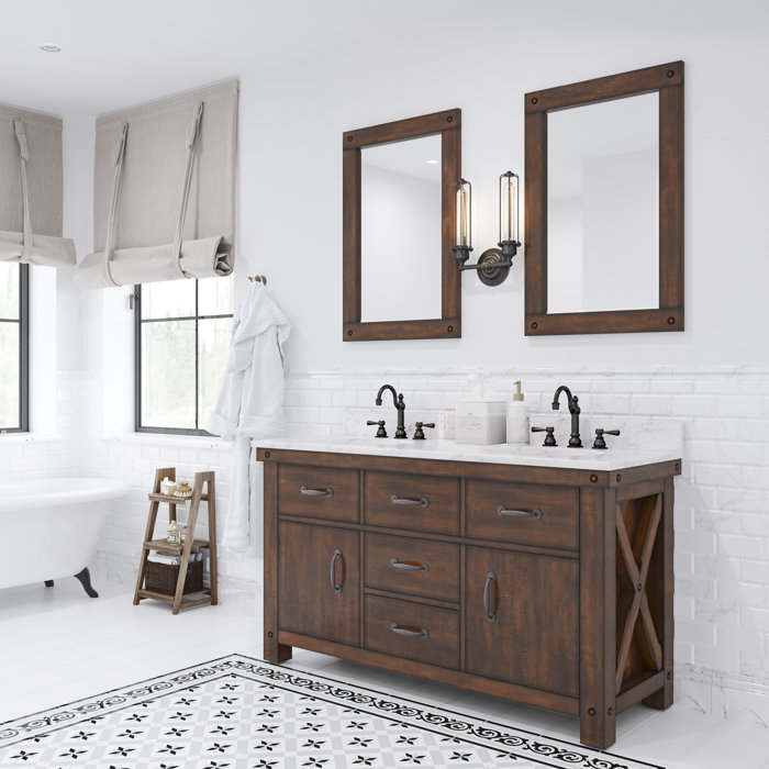 Rustic Sierra Double Sink Bathroom Vanity with Carrara White Marble Top