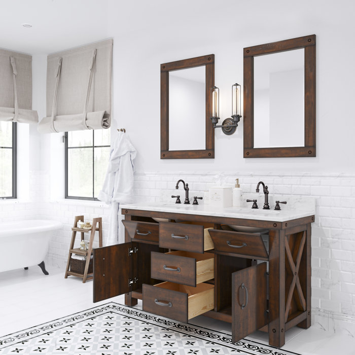 Rustic Sierra Double Sink Bathroom Vanity with Carrara White Marble Top