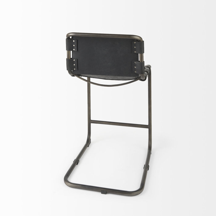 Berbick Black Leather and Iron Counter Stool, 26" Seat Height