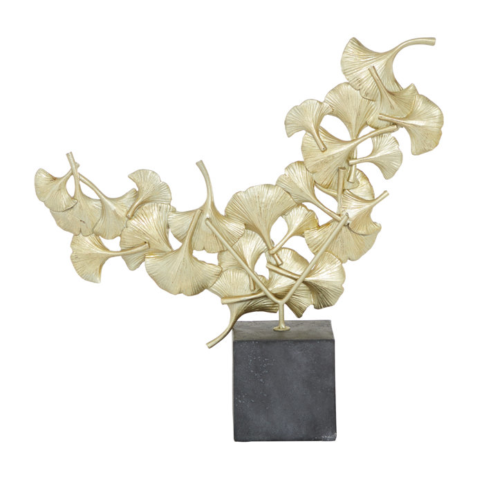 Gold Resin Floral Sculpture with Black Base, 17" Height