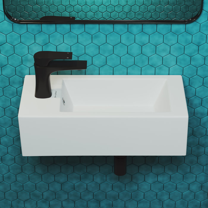 Glossy White Rectangular Ceramic Wall-Mount Sink with Left Faucet