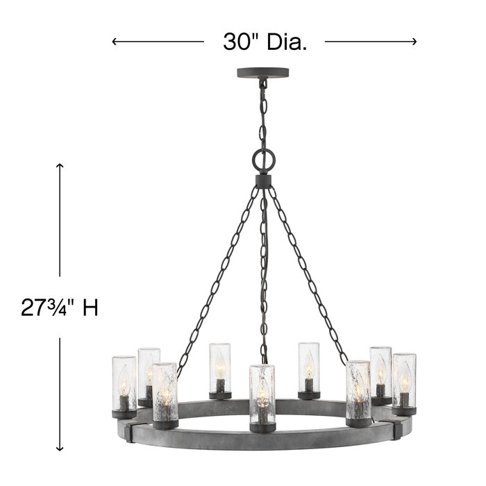 Rustic Aged Zinc 9-Light LED Outdoor Chandelier with Clear Seedy Glass