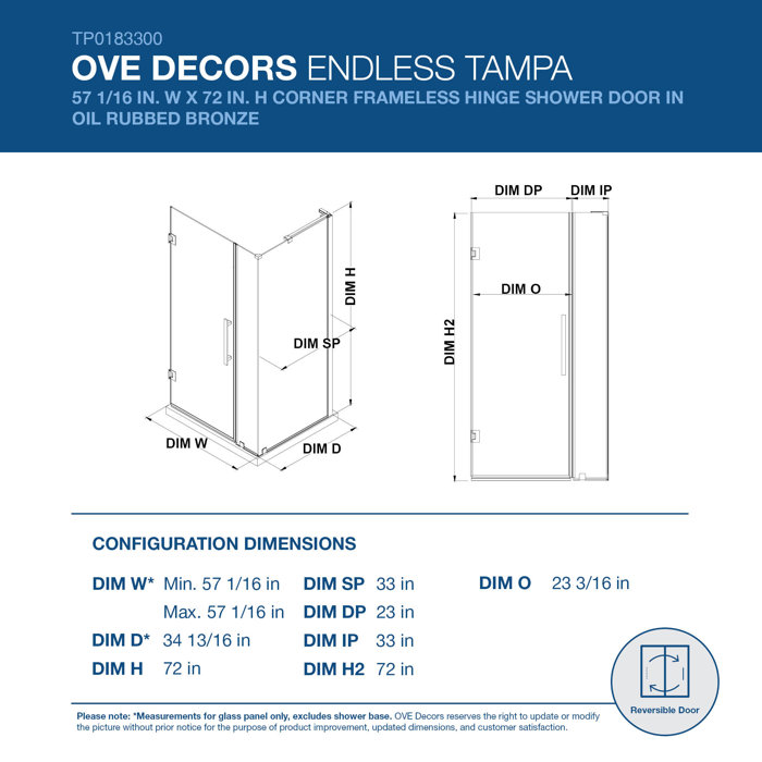 Endless 57" Oil Rubbed Bronze Frameless Corner Shower Kit with Tempered Glass Panels