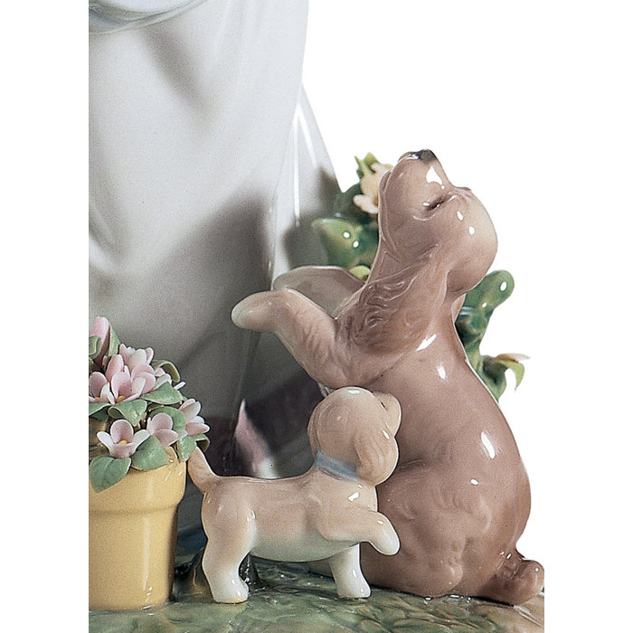 Spring Garden Girl Porcelain Figurine with Puppies