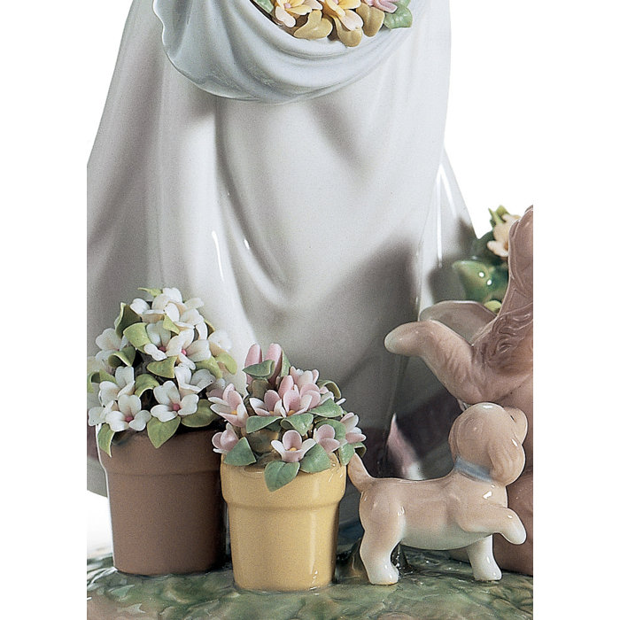Spring Garden Girl Porcelain Figurine with Puppies