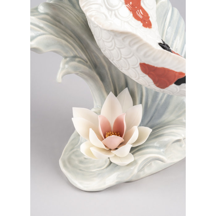 Sanke Koi Porcelain Figurine with Waterlily, Handcrafted in Spain