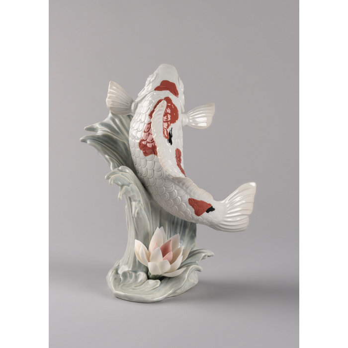 Sanke Koi Porcelain Figurine with Waterlily, Handcrafted in Spain