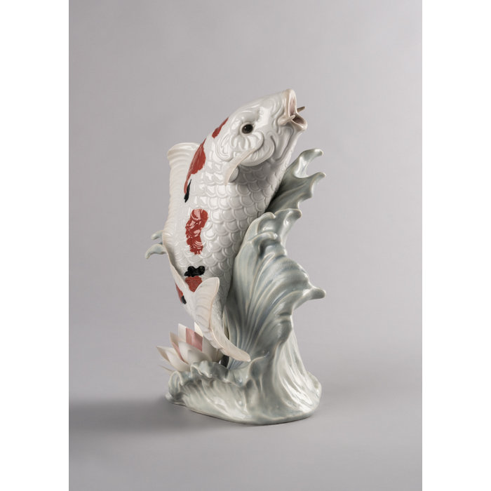 Sanke Koi Porcelain Figurine with Waterlily, Handcrafted in Spain