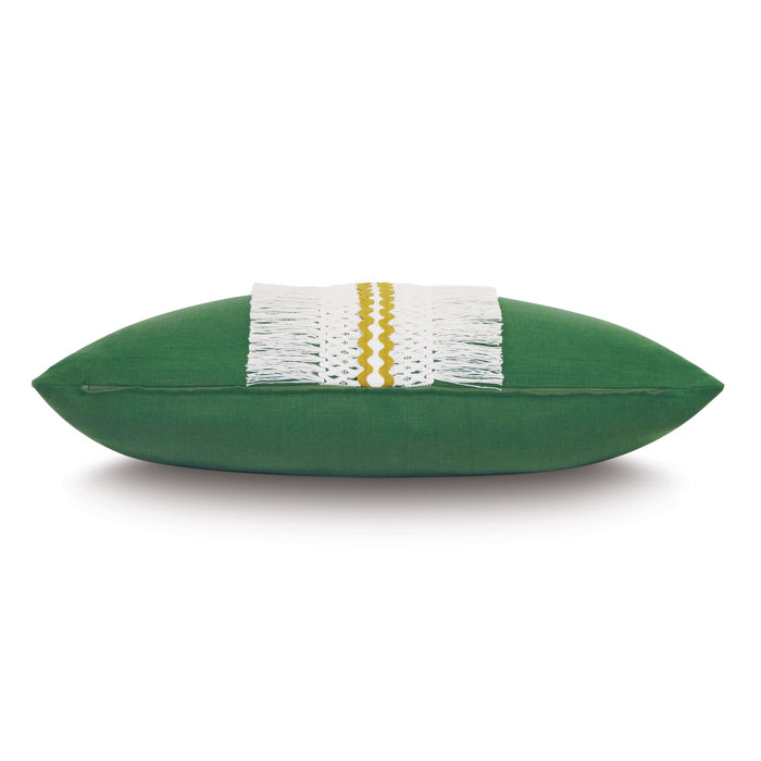 Green Linen Lumbar Pillow with White Fringe and Yellow Stripe