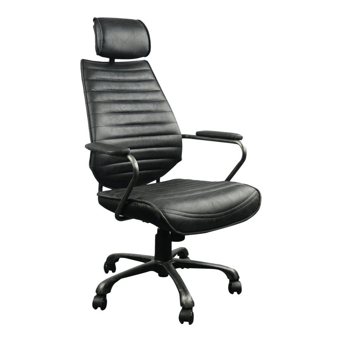 Transitional Onyx Black Leather Swivel Desk Chair with Metal Base
