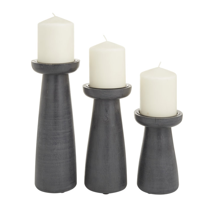 Gray Wood Tabletop Candlestick Set with T-Shaped Base