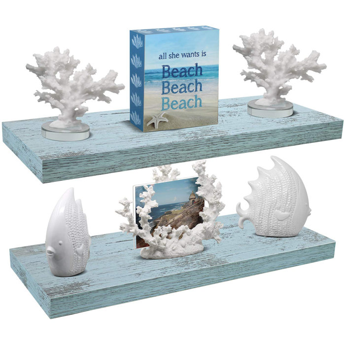Rustic Coastal Blue Distressed Wood Floating Wall Shelf Set