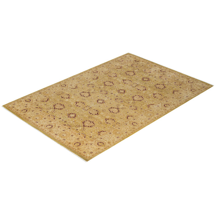 Classic Beige and Red Hand-Knotted Wool Area Rug
