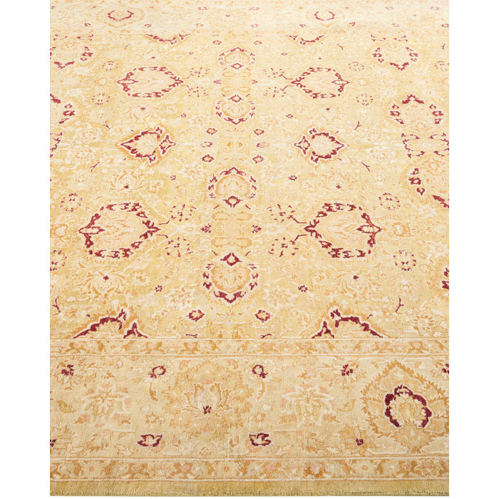 Classic Beige and Red Hand-Knotted Wool Area Rug
