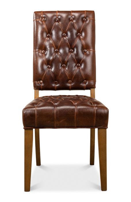 Brady Traditional Button-Tufted Leather Side Chair in Brown