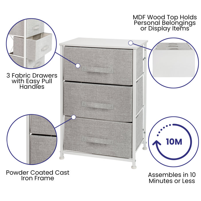 White & Light Gray 3-Drawer Cast Iron Frame Vertical Storage Dresser