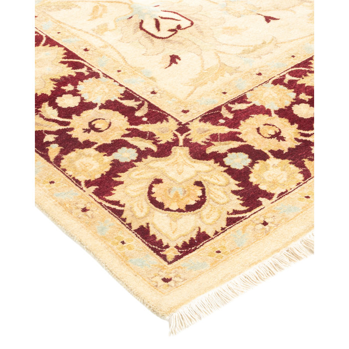 Ivory and Burgundy Hand-Knotted Wool Rectangular Area Rug