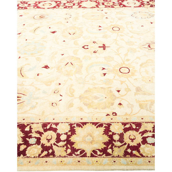 Ivory and Burgundy Hand-Knotted Wool Rectangular Area Rug