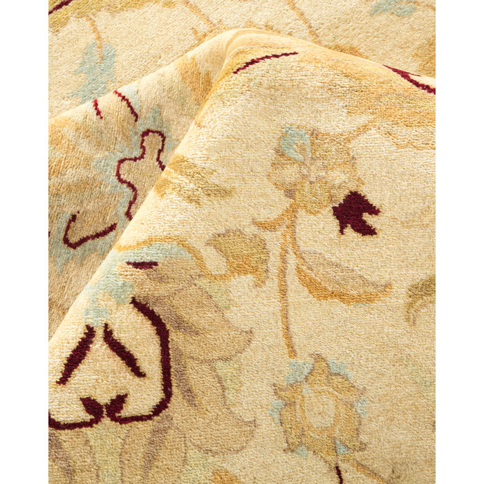 Ivory and Burgundy Hand-Knotted Wool Rectangular Area Rug